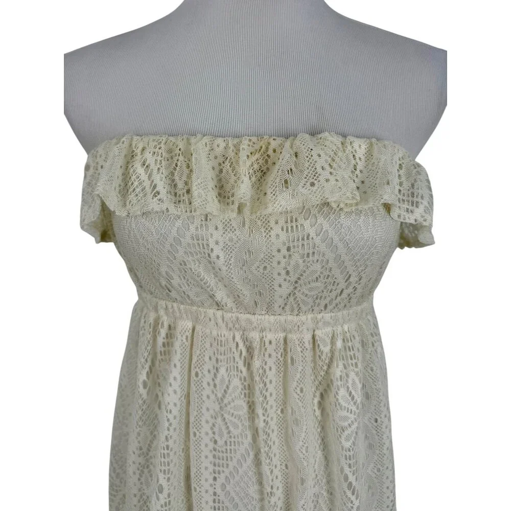 Vtg F21 Cream Lace Ruffle Hem Strapless Maxi Dress | Y2K Coquette Coastal Boho S - Picture 3 of 16